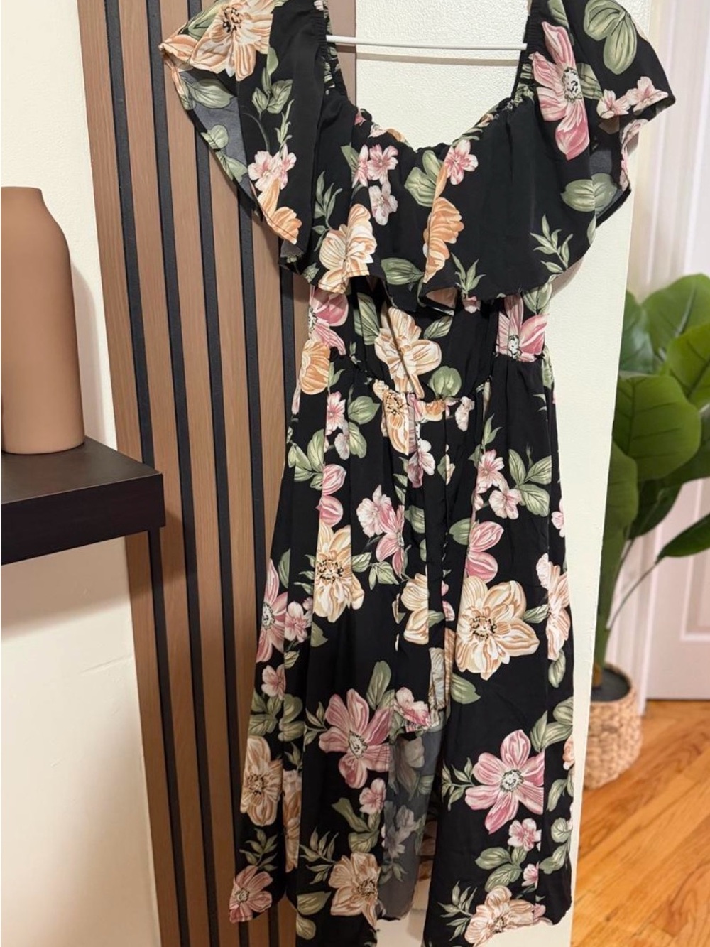 Black Floral Ruffle Off-Shoulder Midi Dress